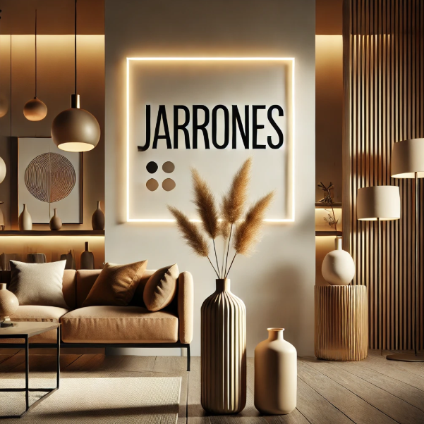 Imagen de un jarrón decorativo con la palabra "Jarrones" en un diseño moderno