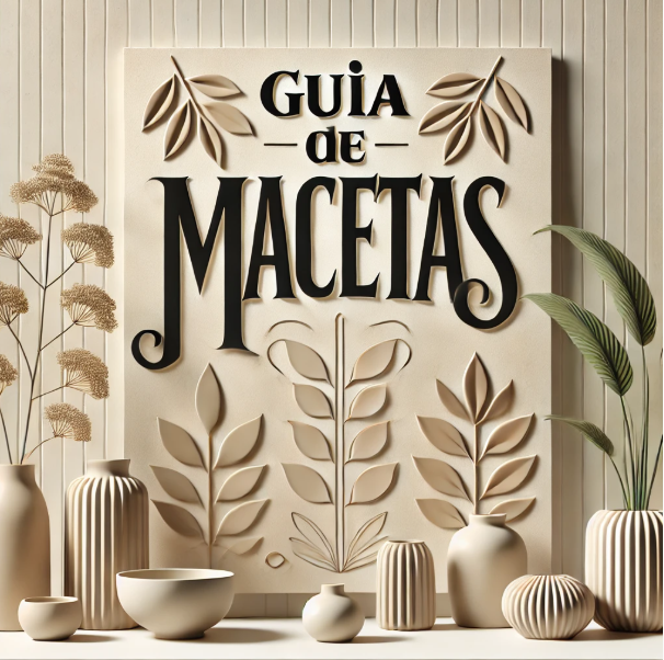 Imagen con el texto "Guia de Macetas" en un diseño moderno con macetas decorativas