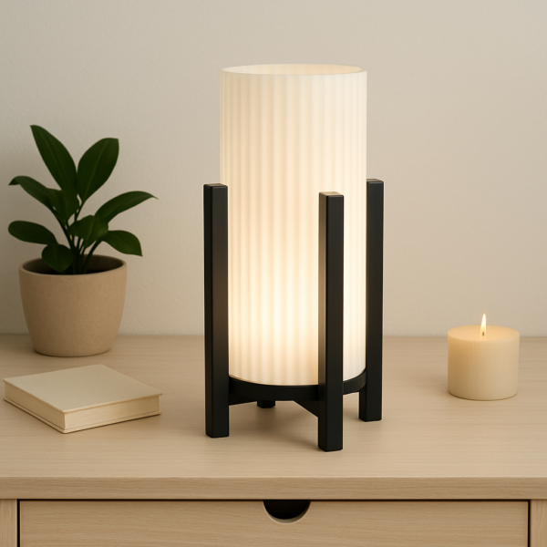 Lámpara de mesa moderna Lira con base negra y luz RGB regulable, ideal para decoración de salón y mesita de noche.