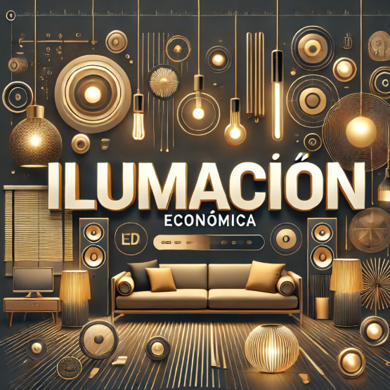 Imagen con el texto "Iluminacion Economica" sobre un fondo con iluminación decorativa